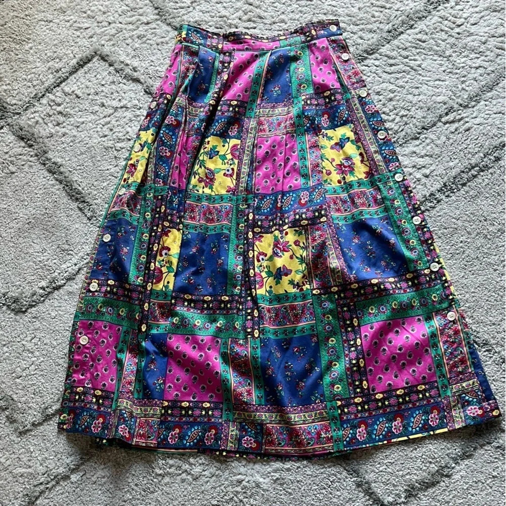 Vintage 80s/90s Bushwacker Patchwork colorful Side Button Midi Maxi Skirt XS